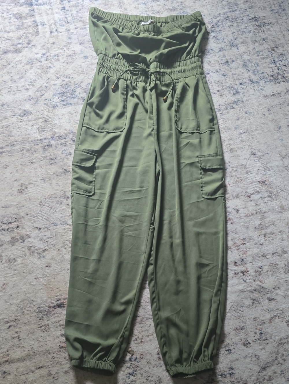 Olive Green Strapless Cargo Jumpsuit Jogger